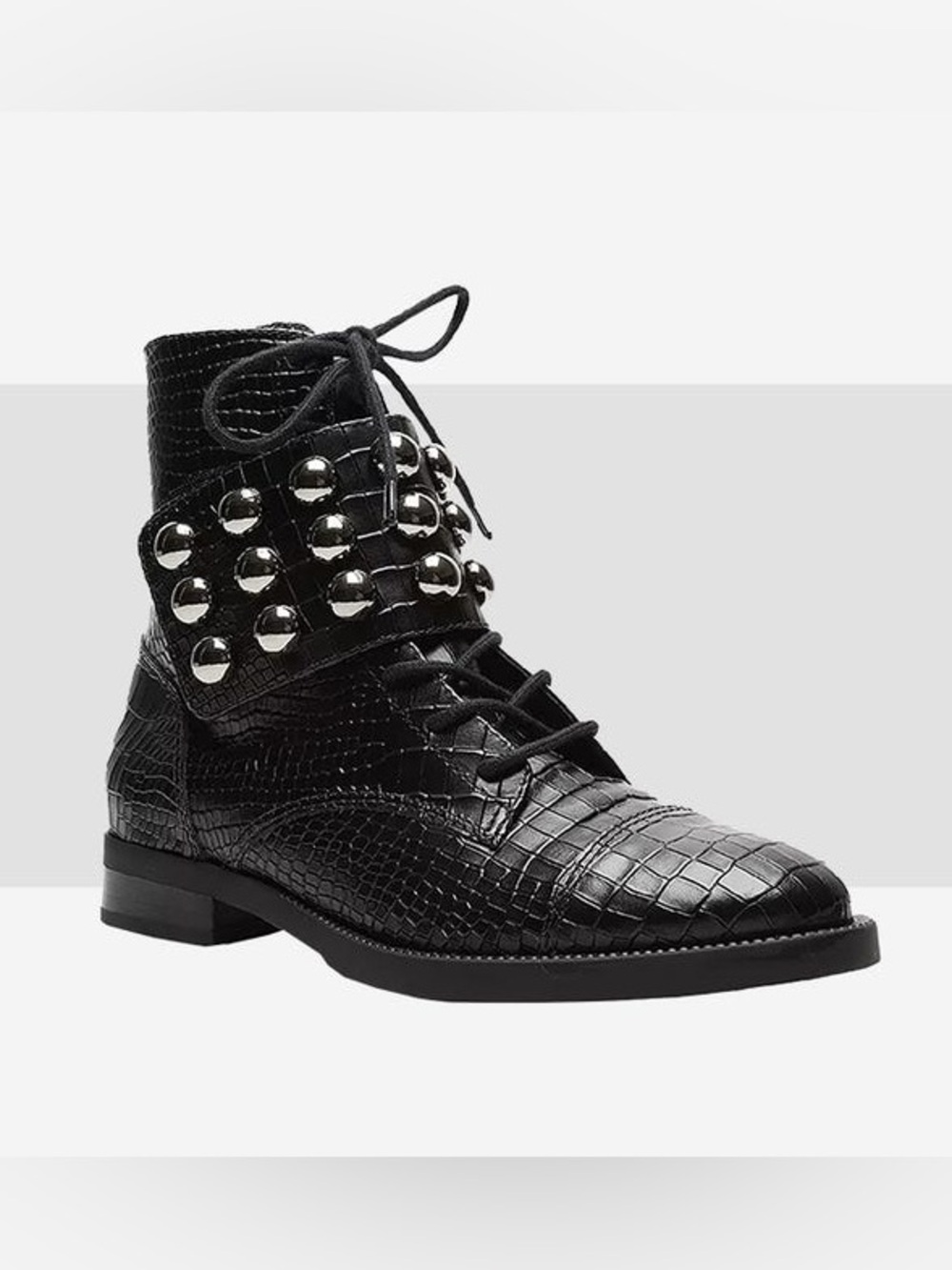 Schutz Marieta Black Leather Croc Embossed Lace Up Studded Moto Ankle Boots 9